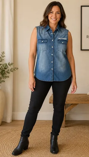 Harley-Davidson Womens Sleeveless Denim Shirt Blue Medium Wash Embroidered L thumbnail 1