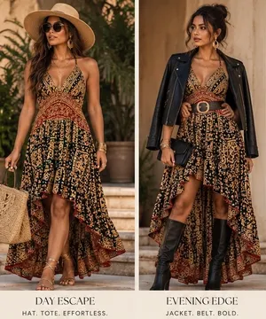 Bohemian Indian Silk V-Neck High-Low Maxi Dress thumbnail 2