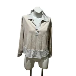 Bohme Womens Collared Henley Pullover Sweatshirt Beige Contrast Trim S thumbnail 6