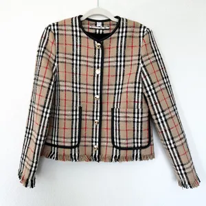NWOT Burberry Beige Vintage Check Plaid Collarless Jacket Blazer in Tan Plaid thumbnail 5