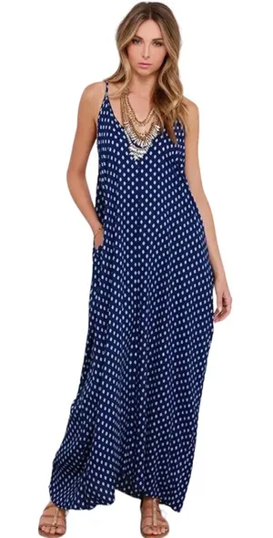 NWT Lulu’s Wander‎ West Navy Blue Southwest Print Maxi Dress Sz XS/S thumbnail 1