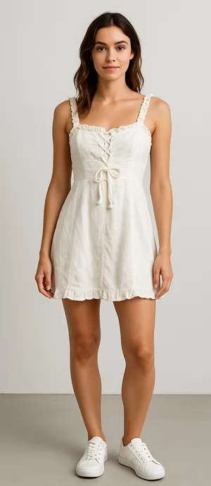 Urban Outfitters Cream Smocked Back Ruffle Hem Mini Dress S thumbnail 1