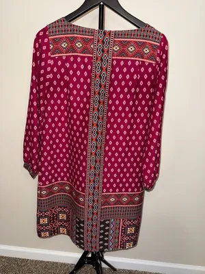 LOFT Women Magenta Red Geometric Print Boho Shift Dress Size Small thumbnail 2