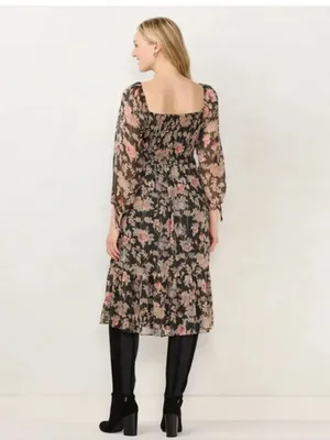 LC Lauren Conrad Black Pink Floral Cottage Romantic Smocked Bodice Midi Dress thumbnail 3