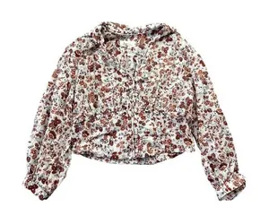 Anthropologie Gauzy Cream Floral‎ Button Front Cropped Blouse Rust Long Sleeve thumbnail 1