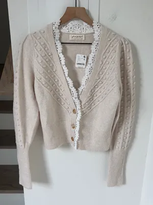 Free People Lace SoftSpun Long Sleeve Cardi Cardigan Sweater in Ivory NWT thumbnail 1
