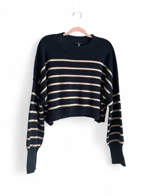 Free People Easy Street Navy and Cream Stripe Crop Pullover Sweater Size L thumbnail 4
