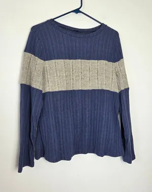 Ultra Soft Ribbed Knit Pullover Sweater Navy Gray Colorblock Stripe Plus 2XL thumbnail 1