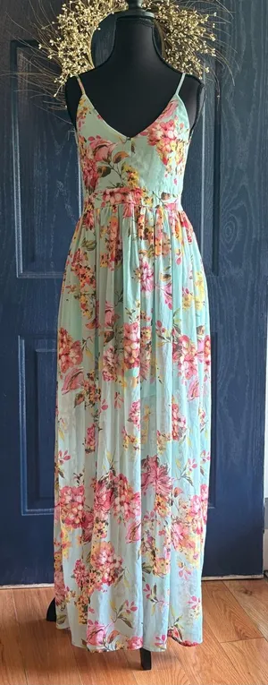 Miss Avenue Floral Adjustable Spaghetti Strap Backless Maxi Dress size Large thumbnail 1