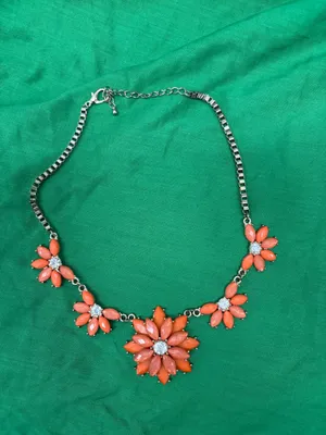 Silver Tone Statement Necklace w/ Orange Flower Rhinestone Pendant Box Chain thumbnail 2