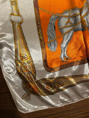 VINTAGE Equestrian ivory/ORANGE Horses&Tassels Print silky Scarf 35’/35’ thumbnail 14
