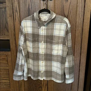 American Eagle Oversized Plaid Shirt‎ Jacket Fleece Brown White Blue Size Medium thumbnail 4