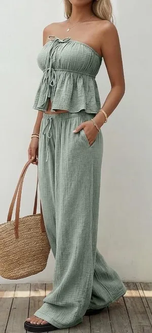 Lillusory 100% Cotton Gauze Strapless Peplum Bandeau Top Wide Leg Pants Set S thumbnail 1