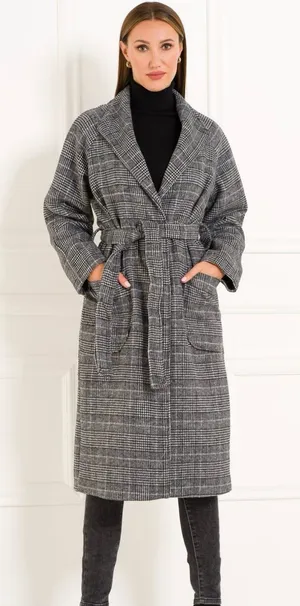 a new day Gray Plaid Belted Coat thumbnail 1