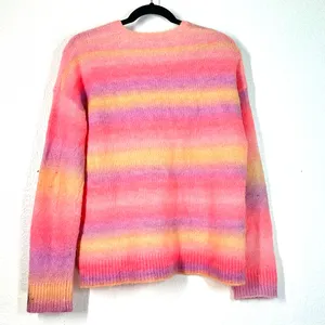L Lilly Pulitzer Chiya Sweater fuzzy pastel rainbow stripe wool V-neck pink thumbnail 3