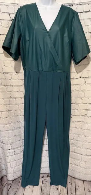 Colleen Lopez Flutter-Sleeve Mixed Media Jumpsuit Green Romper Size XL thumbnail 1