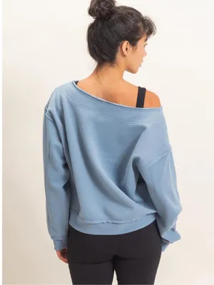 NEW Double Zero Dusty Blue Raw Edge Off Shoulder Sweatshirt – Medium thumbnail 5
