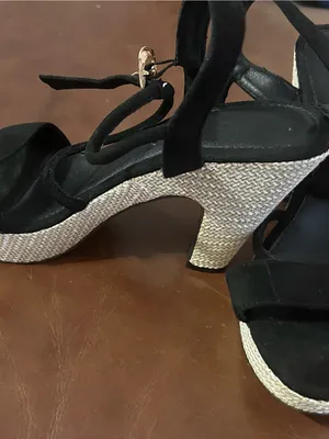 Black Strappy Wedge Sandals with Textured White Wedge 42 thumbnail 8