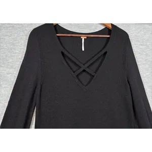Free People Womens V-Neck Black Long Sleeve Sweater Tunic Dress M‎ thumbnail 7