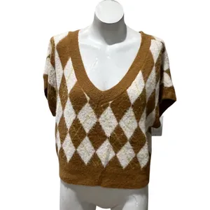 Free People Sweater Vest Womens Petite S Brown Ivory Argyle V-Neck Fuzzy thumbnail 7
