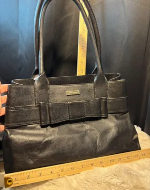 Kate Spade New York Black Pebbled Leather Bow Shoulder Bag Tote Polka Dot Lining thumbnail 1