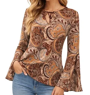 Giorgio Fiorlini Collection Tunic XL Brown Paisley Keyhole Lettuce Edge Boho thumbnail 1