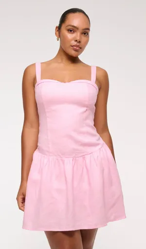 Abercrombie & Fitch Dress 100% Linen Drop Waist Mini Built In Shorts Pink Sz L thumbnail 1