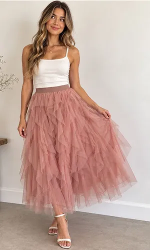 Tasha Polizzi Pink Tiered Tulle Maxi Skirt Layered Mesh Ruffle XL Pink Romantic thumbnail 1