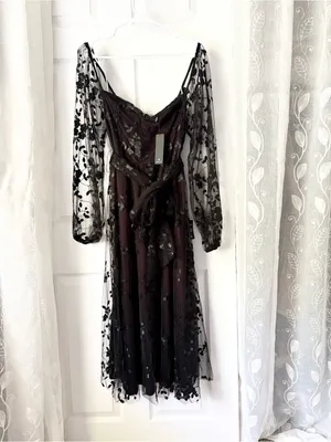 New Lulus Darling Charisma Black Mesh sheer Embroidered Midi Dress sz M w belt thumbnail 2