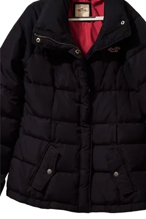 Hollister Puffer Jacket Black Red Lined Down Feather Fill Women's Medium thumbnail 1