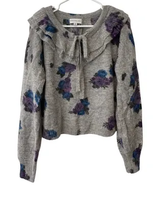 Something Navy Gray Floral Ruffle Tie-Front Sweater thumbnail 8
