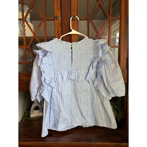 English Factory‎ Blue White Striped Smocked Ruffle Puff Sleeve Top thumbnail 3