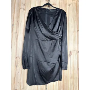 NWT Lulus Late Night Rendezvous Black Satin Long Sleeve Dress Party LBD Size XL thumbnail 2