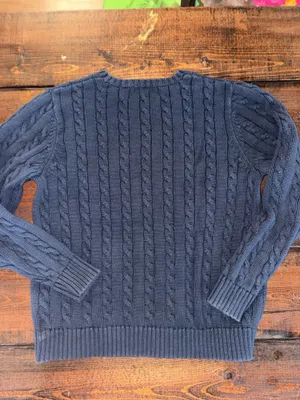 Lands’ End Navy Cable Knit Sweater M 10-12 100% Cotton Collegiate Preppy thumbnail 5