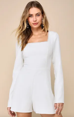 Lulus Luminous Aesthetic White Pearl Bow Long Sleeve Romper Wedding Bridal S NWT thumbnail 1