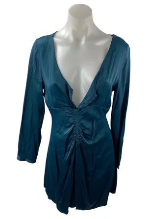 Zara Green Silky Satin Ruched V Neck Long Sleeve Mini Flare A-Line Dress Size M thumbnail 1