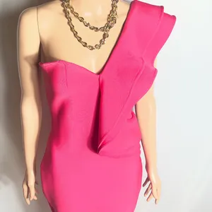 Hot Pink One Shoulder Ruffle Midi Bodycon Dress Size M Slit Back Zip thumbnail 2