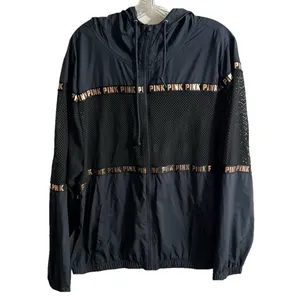PINK Victorias Secret Zip Front Hooded Vented Jacket-Black/Gold-Polyester-SZ M/L thumbnail 2