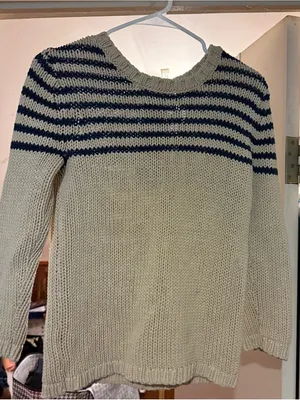 LOFT Cream Crewneck Sweater with Navy Stripes thumbnail 1