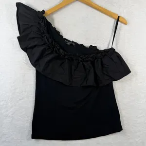 Boston Proper Womens Black One Shoulder Ruffle Ribbed Knit Top 224101035 Size‎ S thumbnail 1