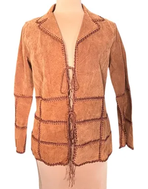 Vintage Brown Suede Tie Front Jacket Boho Western Patchwork Y2K Festival Hippie thumbnail 1