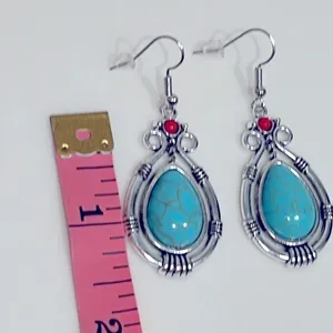 Faux turquoise & silver tone boho dangly earrings, teardrop shape, 1.5” NEW thumbnail 2