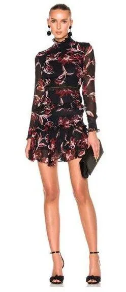 Nicholas French Floral Mini Dress Size 2 Silk Long Sleeve Ruffle Aline High Neck thumbnail 1