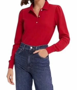 NEW Tuckernuck Peggy‎ Long Sleeve Cotton Polo Shirt in Red Size XS thumbnail 1