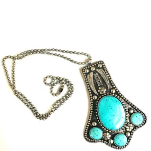 Silver tone turquoise blue southwestern large pendant necklace thumbnail 9