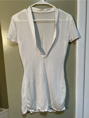 Womens Size Small Crochet Cover Up Beach Dress Short Sleeve V-Neck White Stretch thumbnail 4
