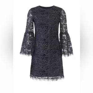 Dress The Population‎ Navy Gold Metallic Lace Bell Sleeve Mini Dress Size L thumbnail 2