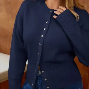Navy Button-Front Ribbed Cardigan thumbnail 6