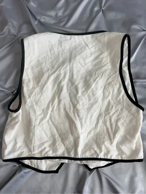 Tulle White Textured Sleeveless Wrap Vest with Black Trim thumbnail 3