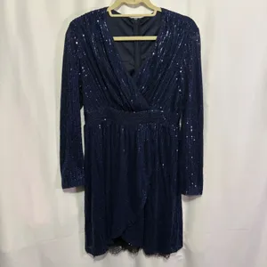 Navy Blue Sequin Wrap V-Neck Long Sleeve Lace Trim Cocktail Dress Evening Party thumbnail 4